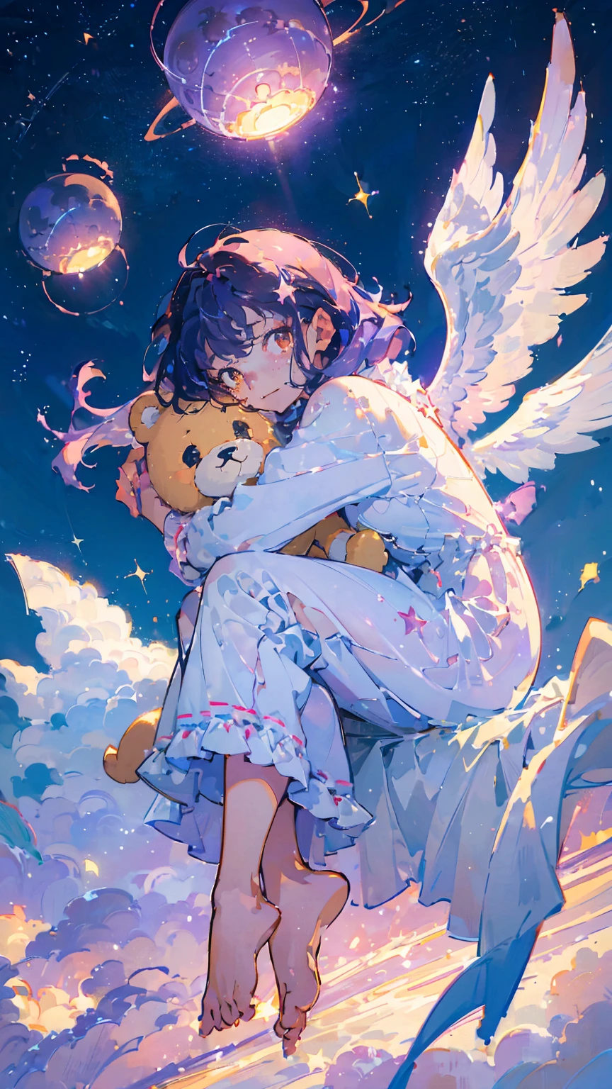 (woman\(13 years old,A star-like halo on the head。, Angel Girl,Purple Hair,Yellow Eyes, White skin, I'm wearing pastel colored pajamas,The girl looks sleepy,While floating in the air,hugging a teddy bear,barefoot,\) Beautiful night sky、Sleepily floating in the air, (I&#39;m in the beautiful outdoors, A beautiful star is shining,He seemed to be very sleepy., mysterious, full moon,(夜空には大きなfull moon),quality\(8K,非常に精細なCGユニットのwallpaper, masterpiece,High resolution,top-quality,top-quality real texture skin,Surreal,Increase the resolution,RAW Photos,最高quality,Very detailed,wallpaper,Cinema Lighting,Ray-tracing,Golden Ratio\),Long Shot,Overall, it looks ephemeral.,The depiction range is from the waist up,qualityの高い顔の描写,High-resolution facial depiction,ephemeral,Low saturation,1 person