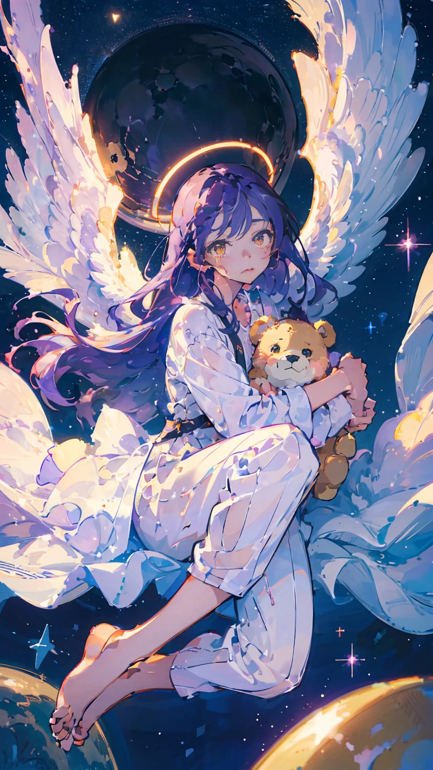 (woman\(13 years old,A star-like halo on the head。, Angel Girl,Purple Hair,Yellow Eyes, White skin, I'm wearing pastel colored pajamas,The girl looks sleepy,While floating in the air,hugging a teddy bear,barefoot,\) Beautiful night sky、Sleepily floating in the air, (I&#39;m in the beautiful outdoors, A beautiful star is shining,He seemed to be very sleepy., mysterious, full moon,(夜空には大きなfull moon),quality\(8K,非常に精細なCGユニットのwallpaper, masterpiece,High resolution,top-quality,top-quality real texture skin,Surreal,Increase the resolution,RAW Photos,最高quality,Very detailed,wallpaper,Cinema Lighting,Ray-tracing,Golden Ratio\),Long Shot,Overall, it looks ephemeral.,The depiction range is from the waist up,qualityの高い顔の描写,High-resolution facial depiction,ephemeral,Low saturation,1 person