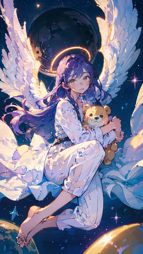 (woman\(13 years old,a star-like halo on the head。, angel girl,purple hair,yellow eyes, white skin, i'm wearing pastel colored p...