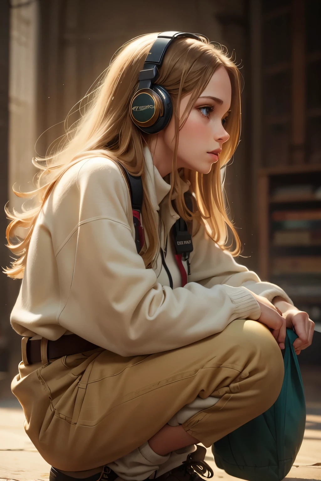 (masterpiece), (best quality, highres, highly-detailed, illustration), 1girl, solo, city, contemporary, profile picture closeup, blonde beige long hair, green eyes, beautiful detailed eyes, squatting, headphones, 8k, trending on ArtStation, featured on Pixiv