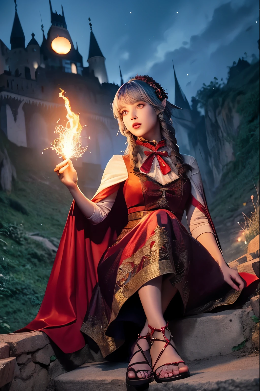 (Ultra-detailed face, Roar, shout), (Fantasy Illustration with Gothic & Ukiyo-e & Comic Art), (Full Body, A middle-aged dark elf woman with gray hair, blunt bangs, Very long disheveled hair, and dark purple skin, lavender eyes), (She shrieks, howls, and is covered in sparkling magical dust, skipping, waving her hands widely, and casting flaming spells in daring poses), BREAK (She wears a bright deep red cape dress of silk, sparkling with traditional and classic embroidery and sequins. She wears deep red braided sandals), BREAK (In the background, we see a red blood-colored moon and Dracula's castle perched atop a steep rocky mountain)
