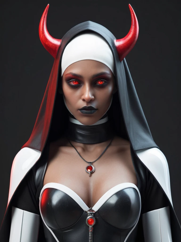 ral-opal, meahophontron, whole body, Woman robot face, devil nun, negro, looking to the camera, nun body clothing, Red eyes, primer plano looking to the camera, realist, Beautiful woman, cara sexy, black clothes, gray and red.