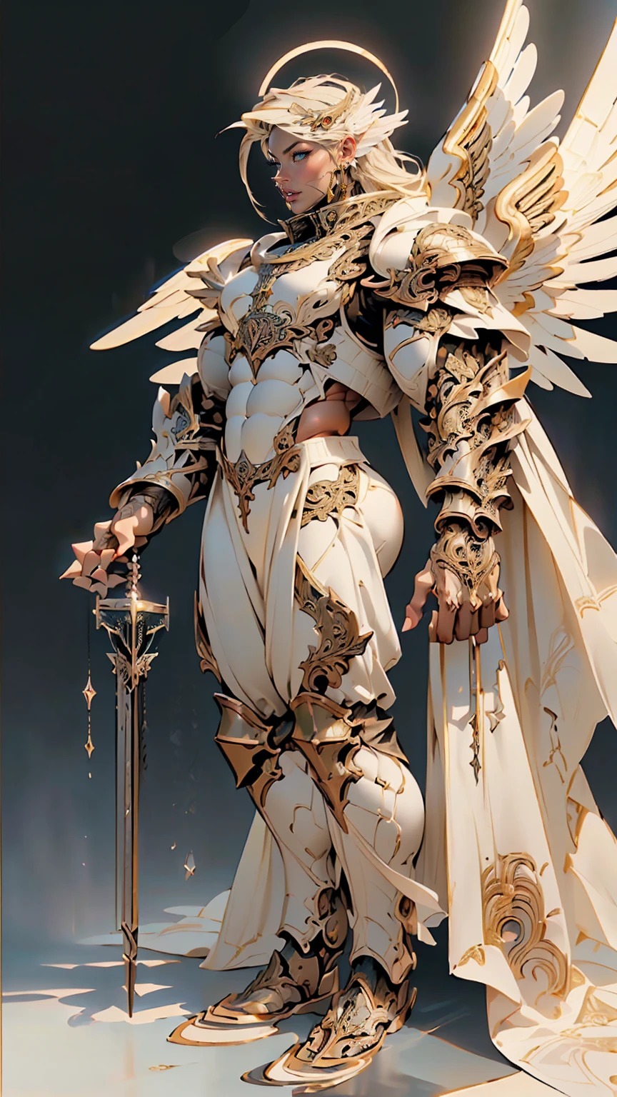 (cara delevingne), ((((((1 muscular angel girl)))))), (((huge upper body))), long hair, ((((huge angelic wings))), (((intricate ornate angelic full body armor))), ((((full body front view)))), (((perfect hands, perfect fingers))), (((tarot style background)))