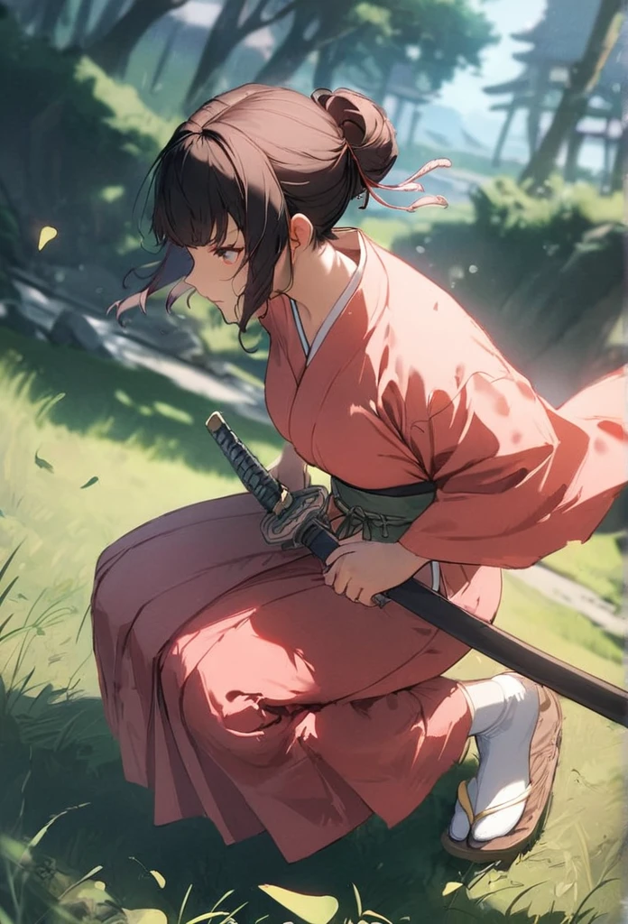 1girl, solo, samurai, hair up, japanese clothes, kimono, large breasts, hakama, tabi, from side, iaidow, katana, holding sword, ready to draw, sheathed, unsheathing, scabbard, fighting stance, battoujutsu stance, outdoors, dappled sunlight, grass, tree, cherry blossom, falling petals, falling leaves, mountain, depth of field, cinematic angle, (masterpiece), (best quality), (ultra-detailed), very aesthetic, illustration, perfect composition, intricate details, 