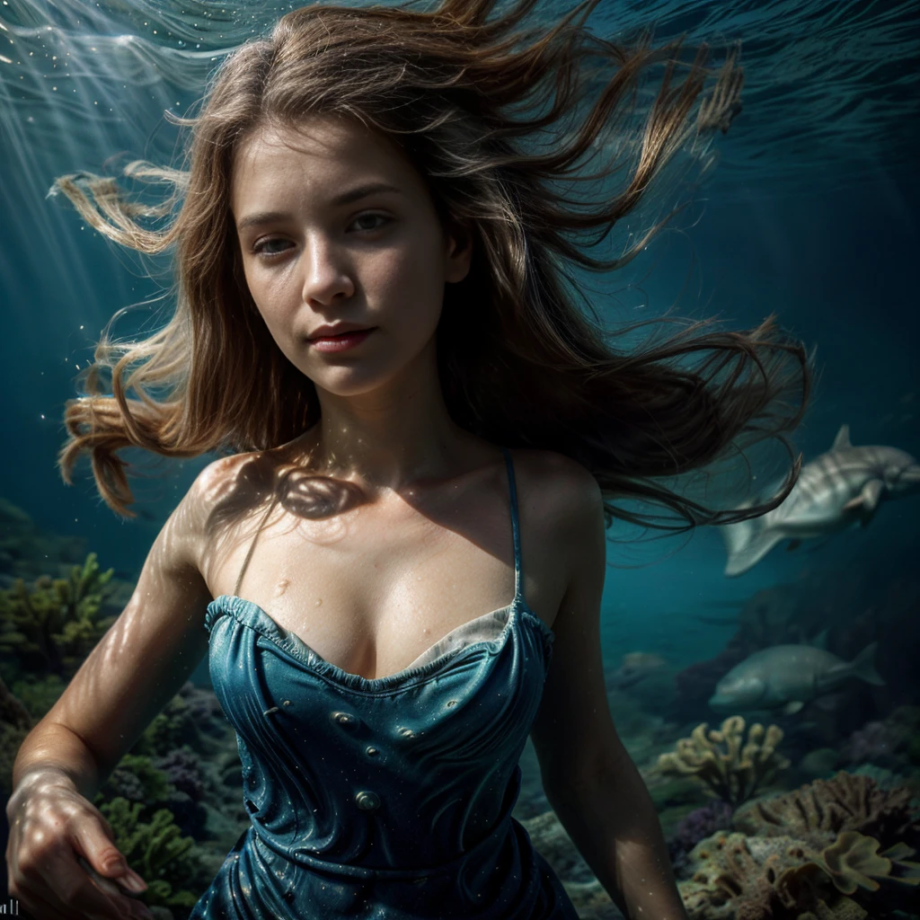 (YES SFW), A majestic sea goddess sofiax is emerging from the ocean floor, surrounded by marine life. Light breaks through the water, creating an ethereal and mystical lighting around her. Her presence is awe-inspiring, with flowing hair and attire made of seaweed and shells, accentuating her connection to the underwater realm. A variety of fish and other marine creatures swim around her, adding to the sense of enchantment. Details for creating a picture: Main object: (best quality:1.4), (Ultra Highres:1.2), (fotorrealista:1.4), (8k, Foto RAW:1.2), 1girl, Foto de sofiax vestal veils Clothes, underwater, air bubbles, cabelo em um coque, emerging. focus on face. woman with a regal and serene expression. Flowing hair adorned with seashells, seaweed, and pearls. Elegant attire made of seaweed, shells, and other oceanic elements. Ambient: Ocean floor, covered with sand and stones, strange blue smoke. Marine flora: seaweed, kelp, and coral formations. Marine fauna: various types of fish, jellyfish, sea turtles, and maybe dolphins. Lighting & Atmosphere: blurred foreground, Scattered light penetrating through the water from above, creating soft light rays around the goddess. Shadows and depth, giving the image realism. Bluish and greenish shades, characteristic of the underwater environment. Additional elements (Optional): Ancient ruins or treasure chests in the background to add mystique. Little air bubbles rising from the goddess and surrounding area. Style and mood: Realistic style with high detail. Mystical and enchanting atmosphere. Combination of divine and natural. Technical specifications: High resolution. Realistic stylization. Detailed elements of the goddess and the underwater world. Effective use of light and shadow to create depth and realism.