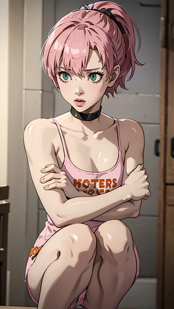 1 femboy, green eyes, very Short hair, pink choker, lipstick, Shy, pink hair , tomboy Pixie haircut, femboy hooters, face portrait , flat chest, ponytail, pose squating , arms up