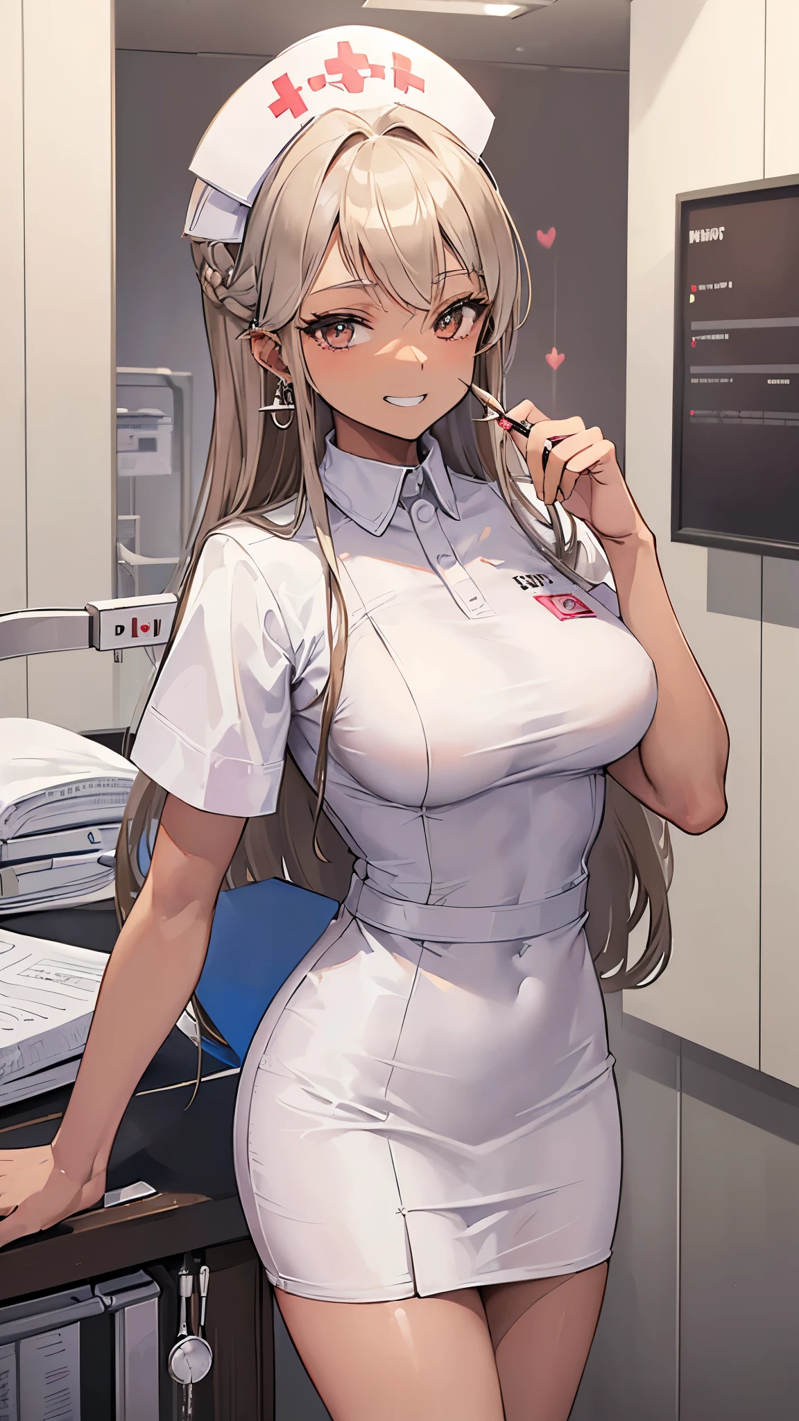 ((masterpiece、Highest quality、Very detailed))、One Girl、((Brown skin:1.3))、Blonde、Long Hair、Grey Eyes、evil smile、((Grin))、Earrings、Large Breasts、Nurse cap、((nurse))、((pencil skirt))、((Miniskirt))、Cowboy Shot、((Hospital room background))