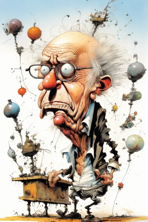 Ralph Steadman Style - an illustration of an old man, in the style of ralph steadman, fantastical contraptions, skottie young, j...