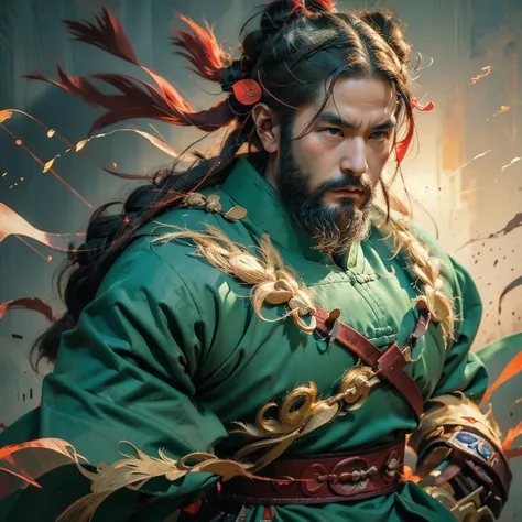 a full-length portrait of liu bei of ancient china. his appearance is soft but charismatic, with a short beard on the tip of his...