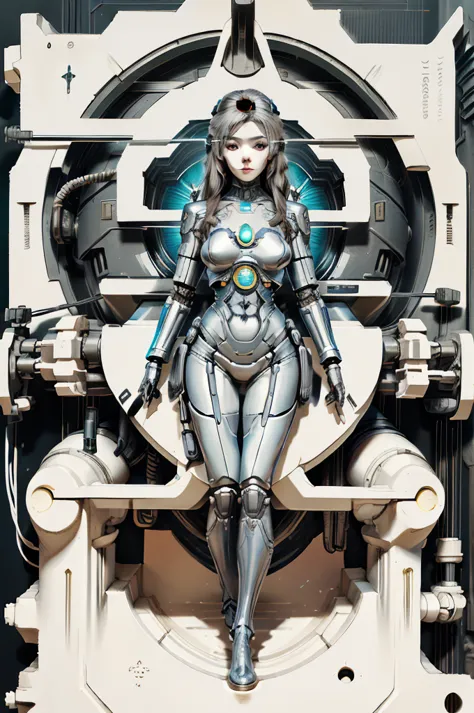 there is a woman in robot suit posing next to ancient building, beautiful white girl half-cyborg, cute cyborg girl, beautiful gi...