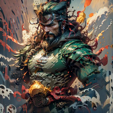 a full-length portrait of liu bei of ancient china. his appearance is soft but charismatic, with a short beard on the tip of his...