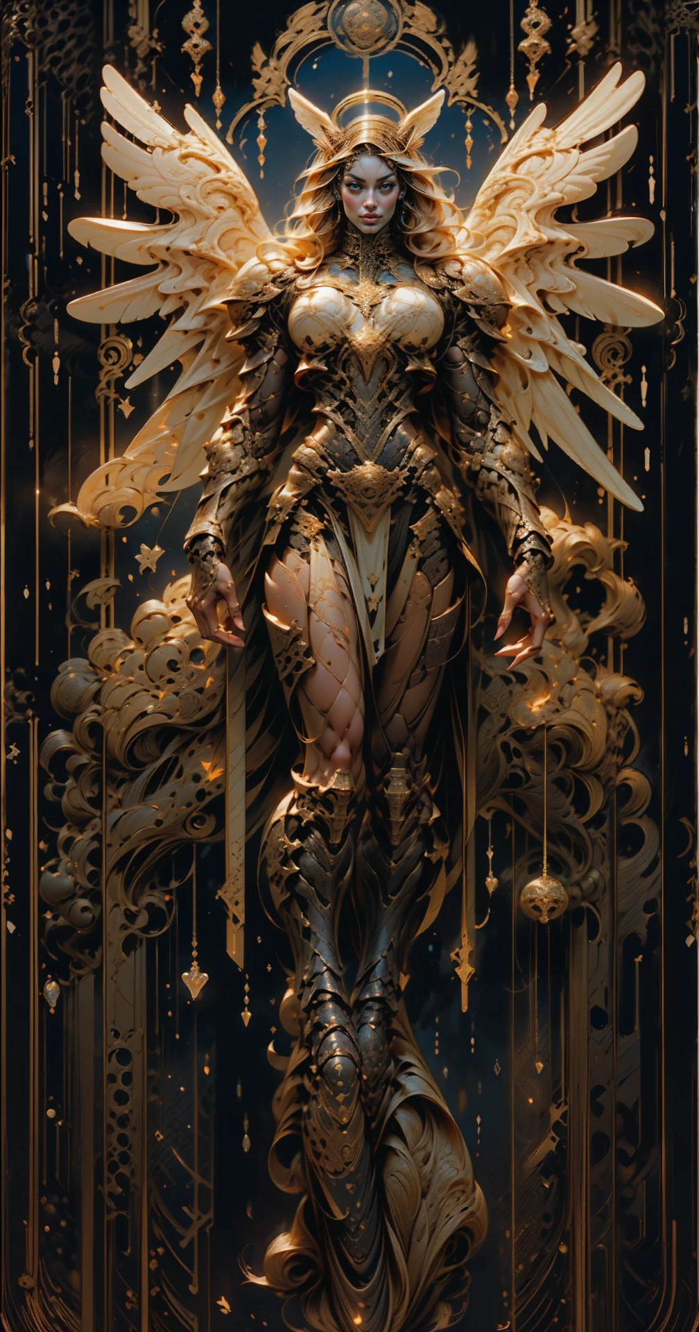 (cara delevingne), ((((((1 muscular angel girl)))))), (((huge upper body))), long hair, ((((huge angelic wings))), (((intricate ornate angelic full body armor))), ((((full body front view)))), (((perfect hands, perfect fingers))), (((tarot style background)))