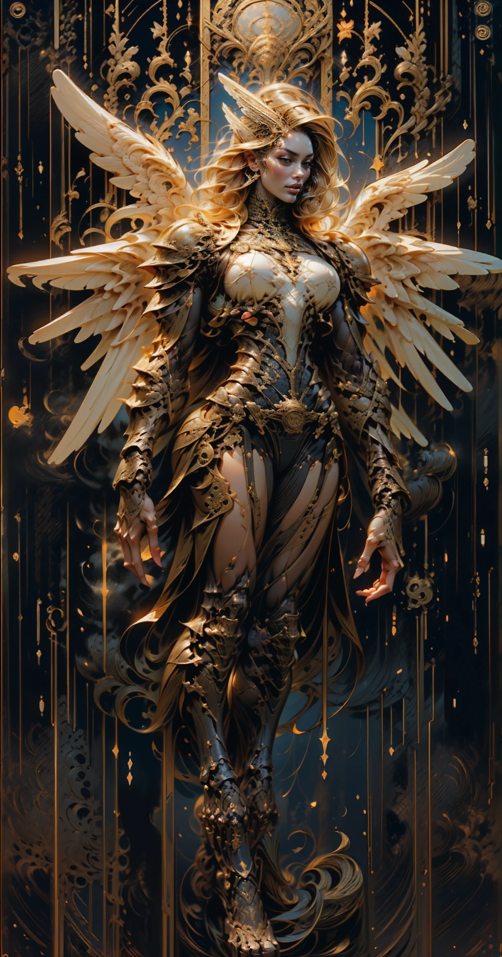 (cara delevingne), ((((((1 muscular angel girl)))))), (((huge upper body))), long hair, ((((huge angelic wings))), (((intricate ornate angelic full body armor))), ((((full body front view)))), (((perfect hands, perfect fingers))), (((tarot style background)))