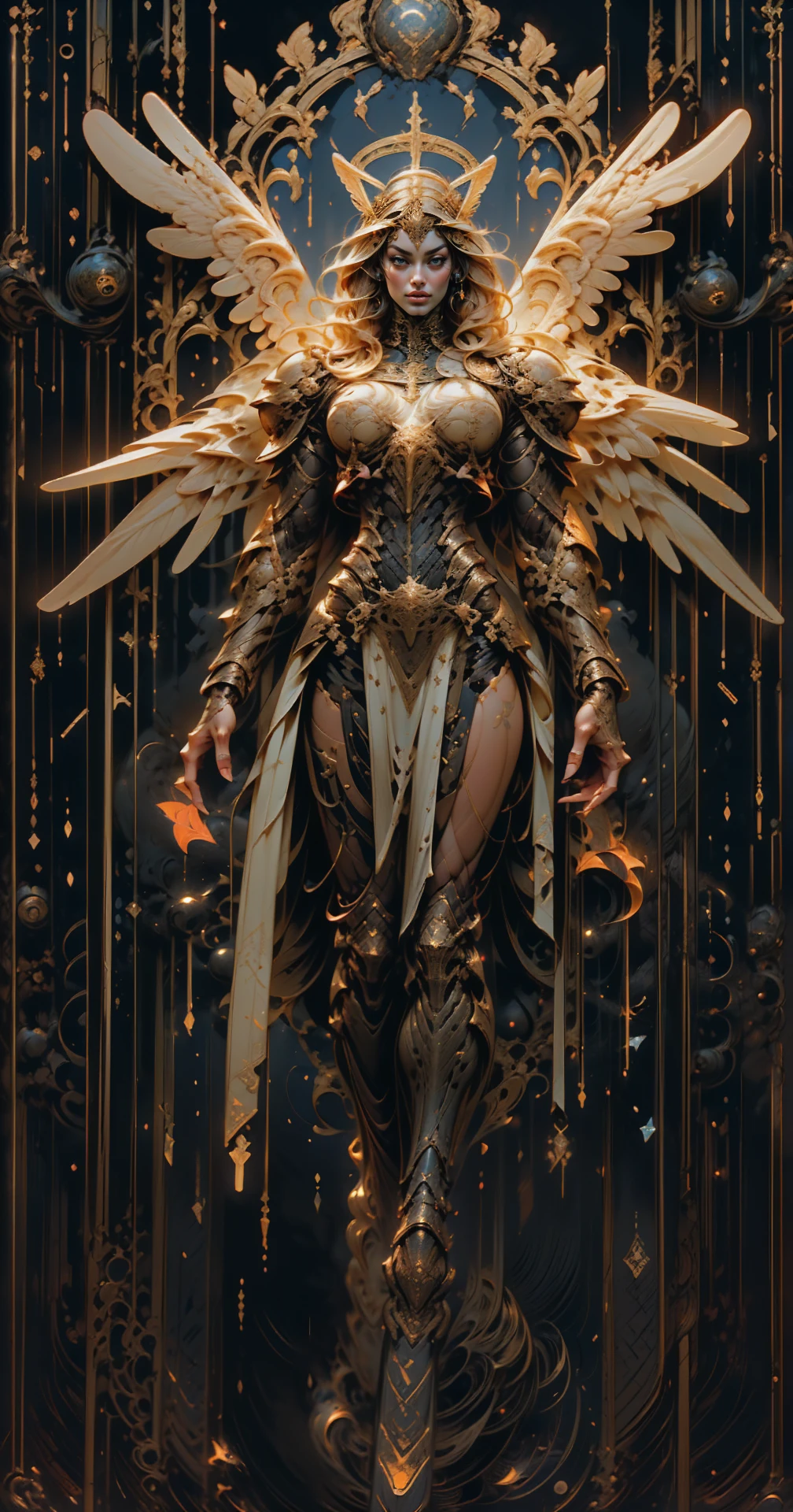 (cara delevingne), ((((((1 muscular angel girl)))))), (((huge upper body))), long hair, ((((huge angelic wings))), (((intricate ornate angelic full body armor))), ((((full body front view)))), (((perfect hands, perfect fingers))), (((tarot style background)))