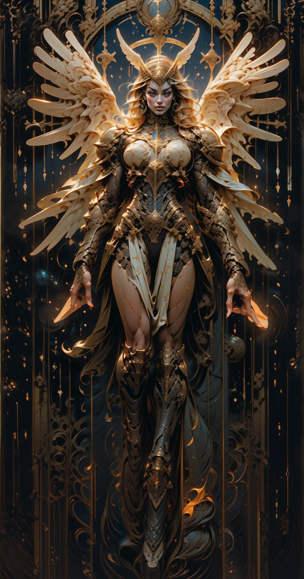 (cara delevingne), ((((((1 muscular angel girl)))))), (((huge upper body))), long hair, ((((huge angelic wings))), (((intricate ornate angelic full body armor))), ((((full body front view)))), (((perfect hands, perfect fingers))), (((tarot style background)))