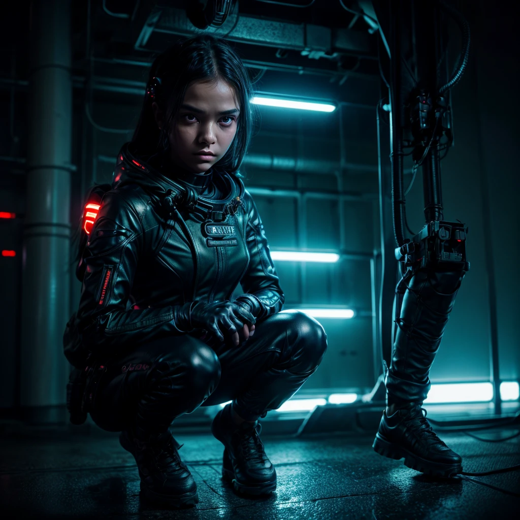 (grainy:0.5), cinematic,girl, space, serious, detailed eyes, detailed face, detailed futuristic clothes, lights in clothes, (aiming gun:1.1), (hiding:1.1), (squatting, looking to side:1.1), volumetric lighting, isolation, horror, dark lighting, red bioluminescent details, green bioluminescent details, blue bioluminescent details.