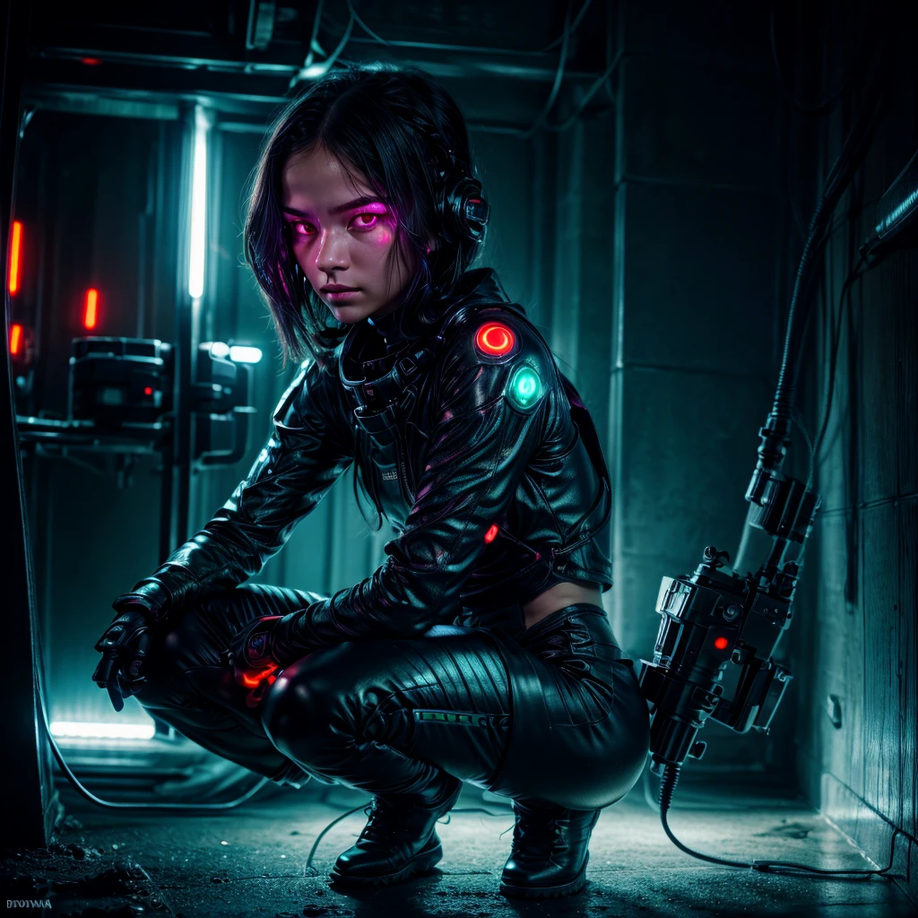 (grainy:0.5), cinematic,girl, space, serious, detailed eyes, detailed face, detailed futuristic clothes, lights in clothes, (aiming gun:1.1), (hiding:1.1), (squatting, looking to side:1.1), volumetric lighting, isolation, horror, dark lighting, red bioluminescent details, green bioluminescent details, blue bioluminescent details.