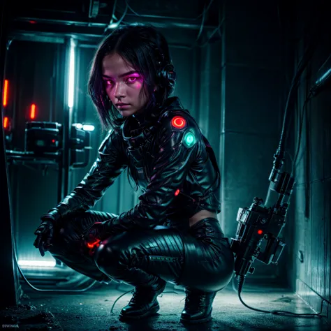 (grainy:0.5), cinematic,girl, space, serious, detailed eyes, detailed face, detailed futuristic clothes, lights in clothes, (aim...