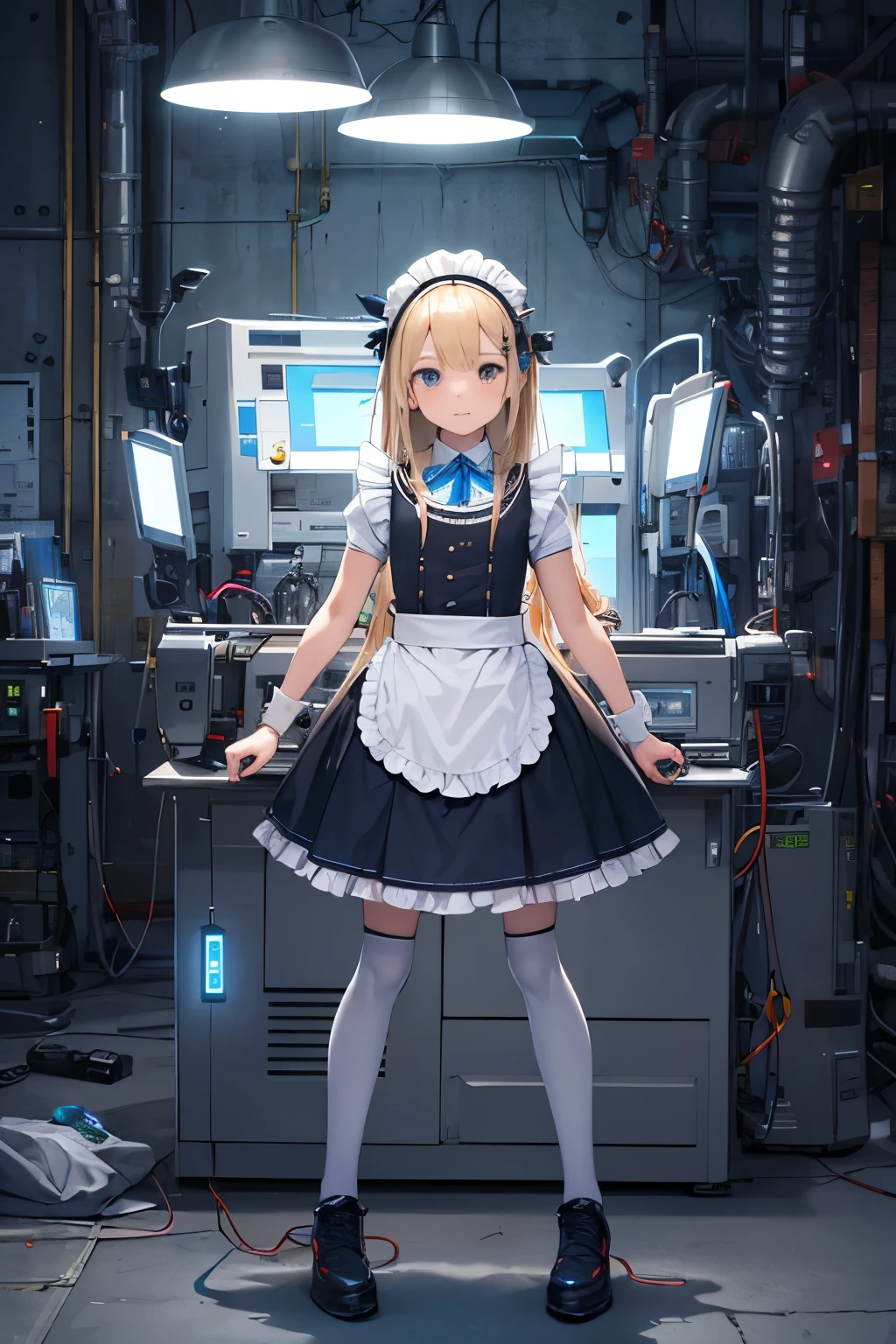   girl ,girl 12 year old  , mechanical face , futuristic maid dress ,flat  chest ,long blonde hair frinje ,(loli body), mechanic-headband, blue leds ,blue  light auréola,   quality, 8k ,maid uniform , Cyborg arms. Mechanical Limbs Metal,  Mechanical legs .Power cablles conected in machine. Circuitos. 