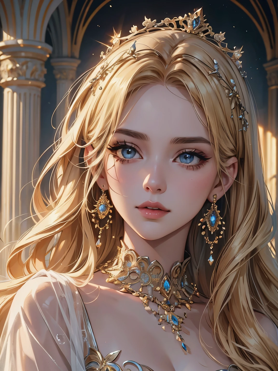 Une superbe princesse blonde ornée de bijoux scintillants, capturé dans un style cinématographique rappelant les peintures éthérées de Julia Razumova.Beau visage, Riche en détails Haute qualité, magnifique, captivant, 8k, Super détaillé, des lumières et des ombres époustouflantes, décorations détaillées, lignes détaillées, détail complexe, Ultra détaillé, Des détails incroyables, en couleur, détail complexe, extrêmement détaillé et complexe, super maximisé, Ultra détailléed with rich colors. chef-d&#39;œuvre, Meilleure qualité, Couleurs claires, ensoleillé