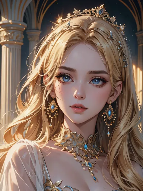 A stunning blonde princess adorned in glittering jewels, captured in a cinematic style reminiscent of Julia Razumova's ethereal ...