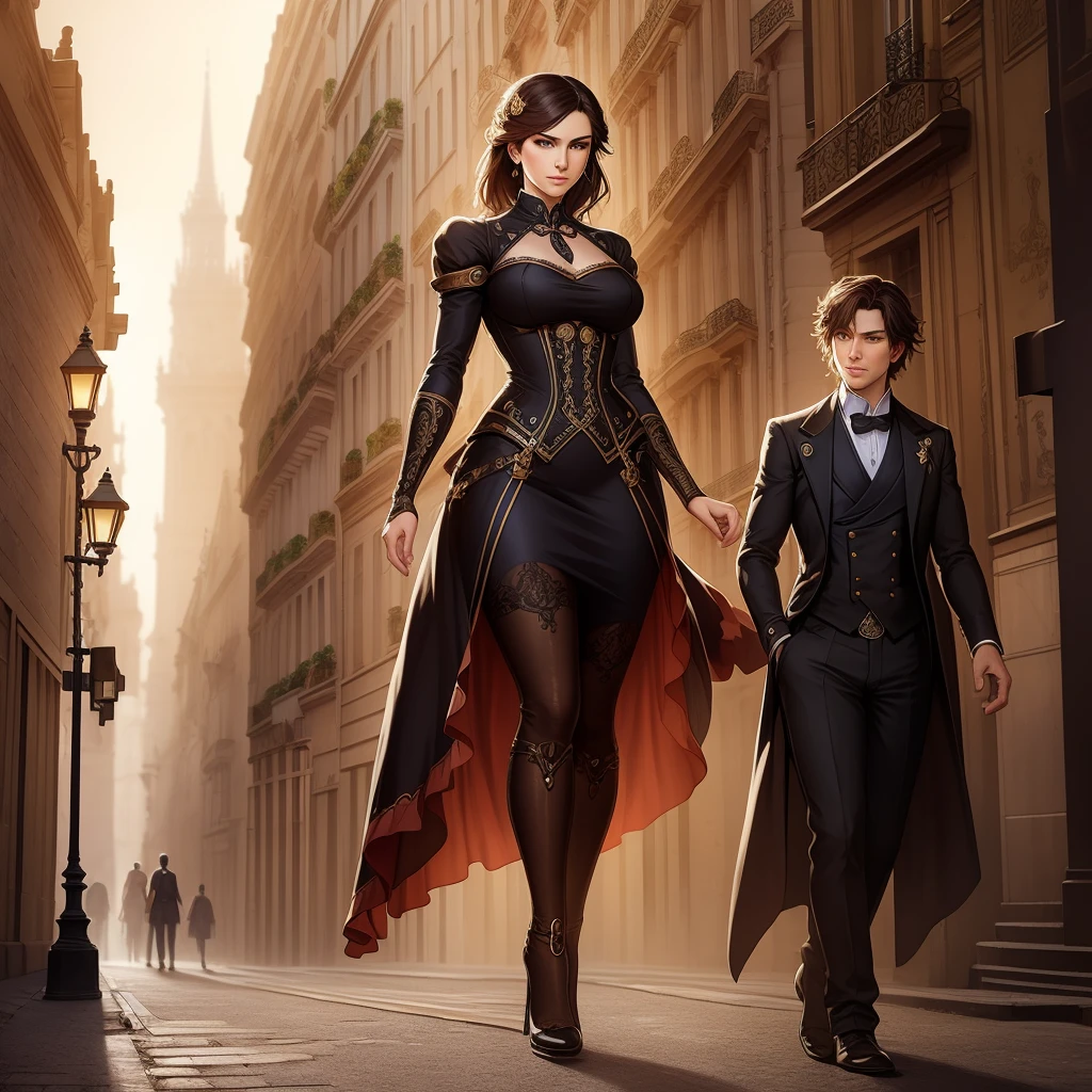 photo of (( )), wearing elegant dress steampunk items, modern day in Paris , intricate, elegant, highly detailed, digital painting, artstation, concept art, smooth, sharp focus, illu0.8ation, art by artgerm and greg rutkowski and alphonse mucha