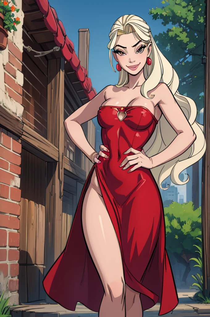 (masterpiece, best quality:1.2), sleepygimp, 1girl, solo, dress, jewelry, long hair, hand on hip, earrings, red dress, blonde hair, brown eyes, outdoors, looking at viewer, day, strapless, smile, NSFW