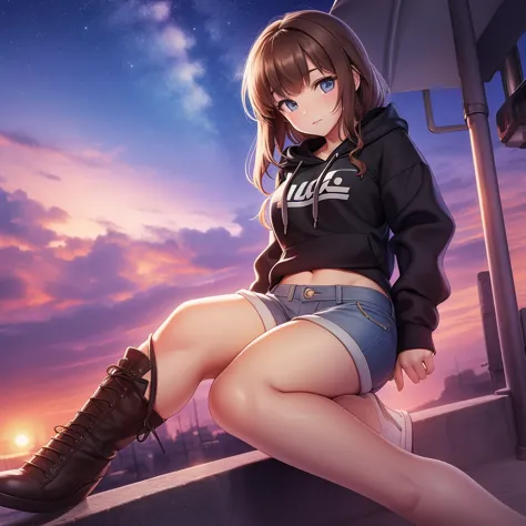 solo, 1girl, masterpiece, ultra high quality, very high definition, perfect generation, cute woman wearing a hoodie and shorts