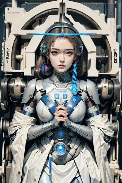 there is a woman in robot suit posing next to ancient building, beautiful white girl half-cyborg, cute cyborg girl, beautiful gi...