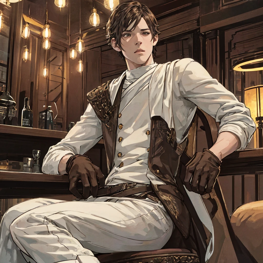 a handsome white skinned man with short curly brown hair, brown eyes, serious expression, wearing an elegant suit with gloves, sitting in a chair inside a bar, high quality, 8k, photorealistic, dramatic lighting, cinematic composition, warm color tones, chiaroscuro lighting, intricate details, hyper realistic