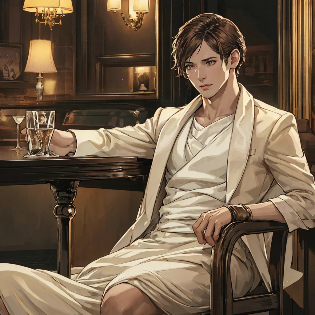 a handsome white skinned man with short curly brown hair, brown eyes, serious expression, wearing an elegant suit with gloves, sitting in a chair inside a bar, high quality, 8k, photorealistic, dramatic lighting, cinematic composition, warm color tones, chiaroscuro lighting, intricate details, hyper realistic