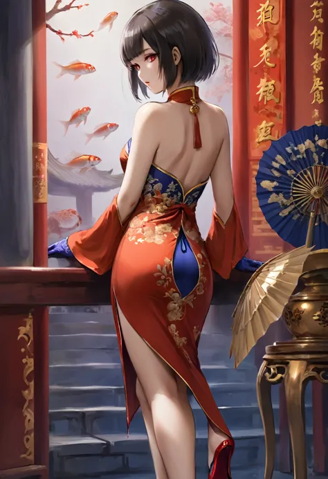 exotic, fantastic, absurd, haughty young woman, bob cut hairstyle, orange eyes, very sexy, red cheongsam, carp prints, extraordi...