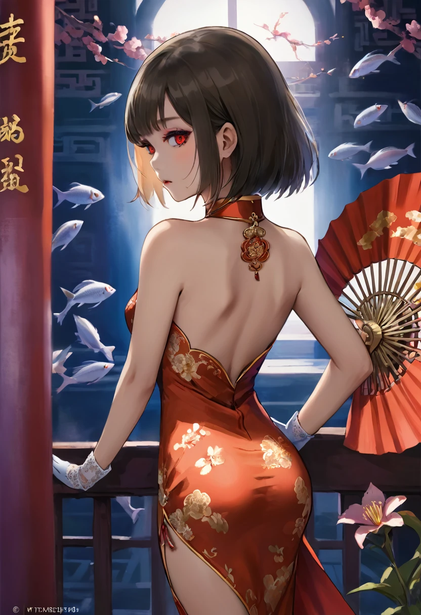 exotic, fantastic, absurd, haughty young woman, bob cut hairstyle, orange eyes, very sexy, red cheongsam, carp prints, extraordinarily silver and gold embroidery, purple silk gloves and stockings, with lace, Prussian blue embroidered slippers, silver lace fan, sexy and stunning pose, in a Chinese hall, anime, cinematic, masterpiece, dynamic back view, full body,