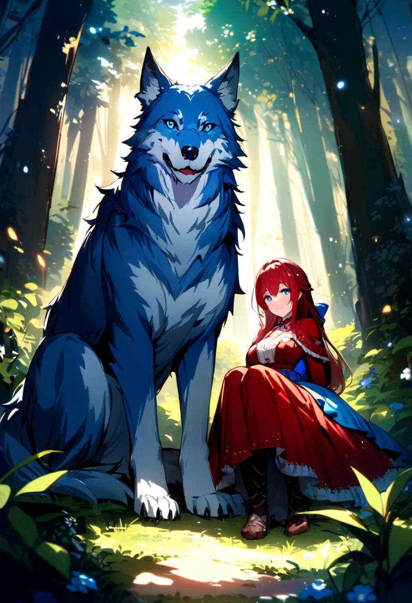 two wolves, red fur, blue fur, bright blue eyes, in the most beautiful enchanted forest, highly, brightly lit, detailed, perfect...