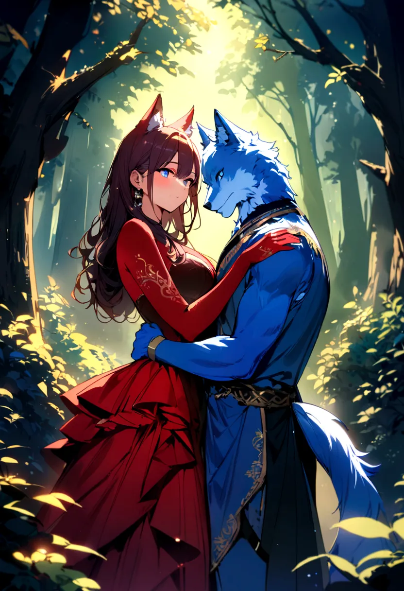 two wolves, red fur, blue fur, bright blue eyes, in the most beautiful enchanted forest, highly, brightly lit, detailed, perfect...