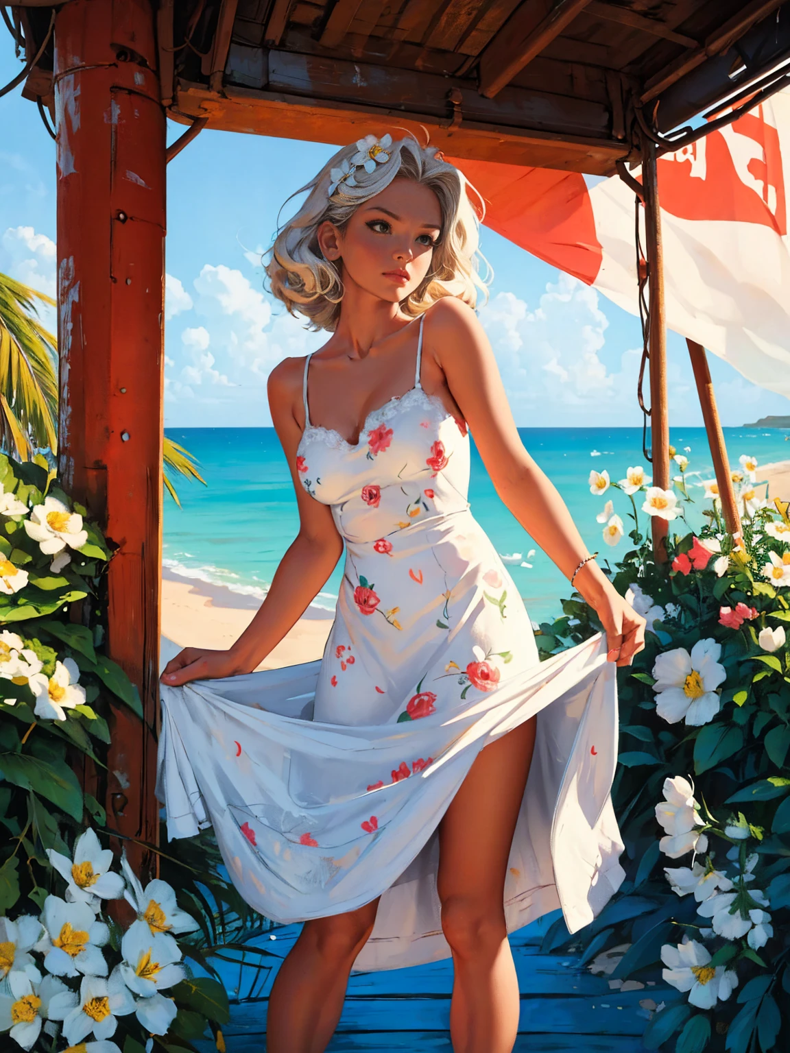 旧复古海报, 蘇聯,  加勒比海邊, 氖, 照片拍攝, 1 超火辣的美女. 23歲.  白色波浪短发, 富有表現力的乳房, 穿著織品上有花朵圖案的白色背心裙, 時尚達人, 80年代, 高畫質