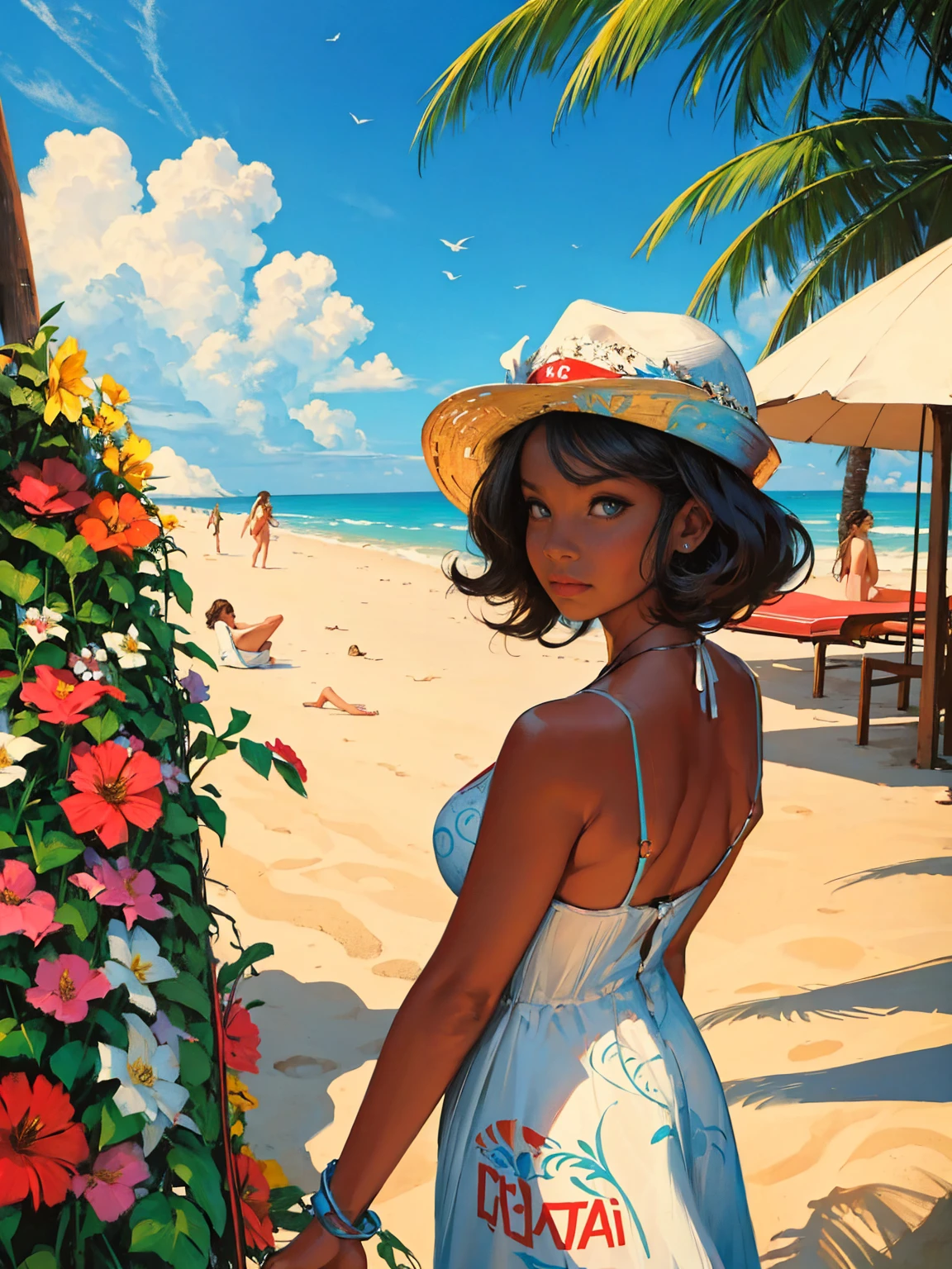 old retro poster, USSR,  Caribbean seaside, Neon, photo shoot, 1 ultra hot gorgeous woman. Age 23.  short white wavy hair, expressive breasts, in a white sundress with a pattern of flowers on fabric, fashionista, 80s, hd