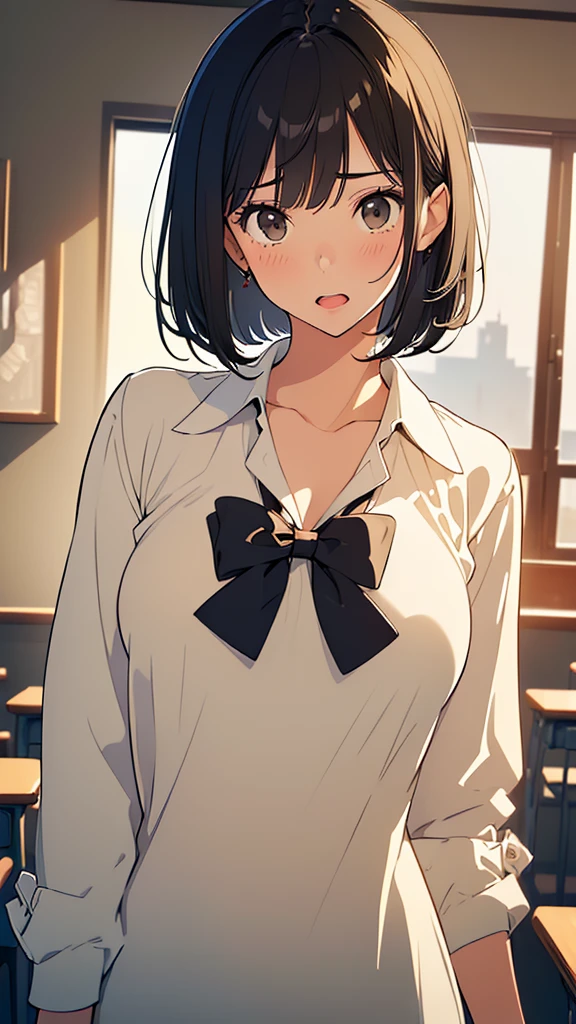 (masterpiece:1.6),(best quality:1.6), (ultra high res1.2),perfect proportion,(dark hair:1), ( black hair:1), (black eyes:1.1),(beautiful Busty breasts:1.2), (beautiful girl:1.4),a girl,(medium bob hair:1.2),a sexy mole around the mouth,open mouth,(aroused:1.3), (embarrassed:1.3), (beige V Neck Sweater:1.1),(school uniform1),a red Checked bow tie, (upper body shot:1.3)