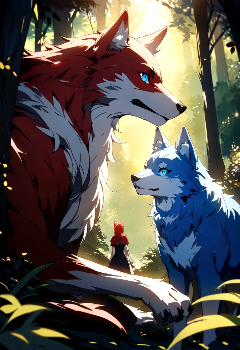 
Two wolves, Red fur, blue fur, bright blue eyes, in the most beautiful enchanted forest, highly, brightly lit, detailed, perfect masterpiece, high quality, high resolution, one blue wolf, one red wolf, wolf couple.