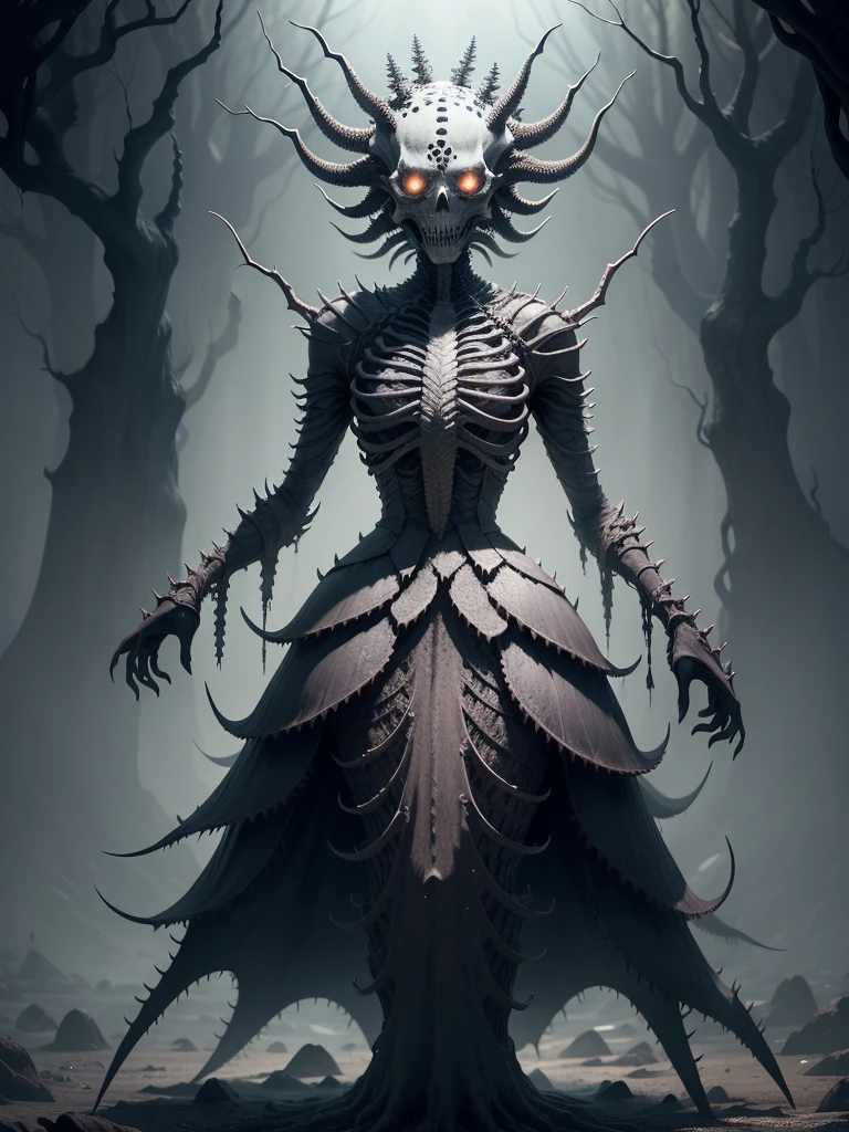 A nightmare-like creature with a face and body that triggers trypophobia., covered with barnacles, causing horrifying horror. It has twisted, sharp thorns., skeleton details, Thin and skinless. full body