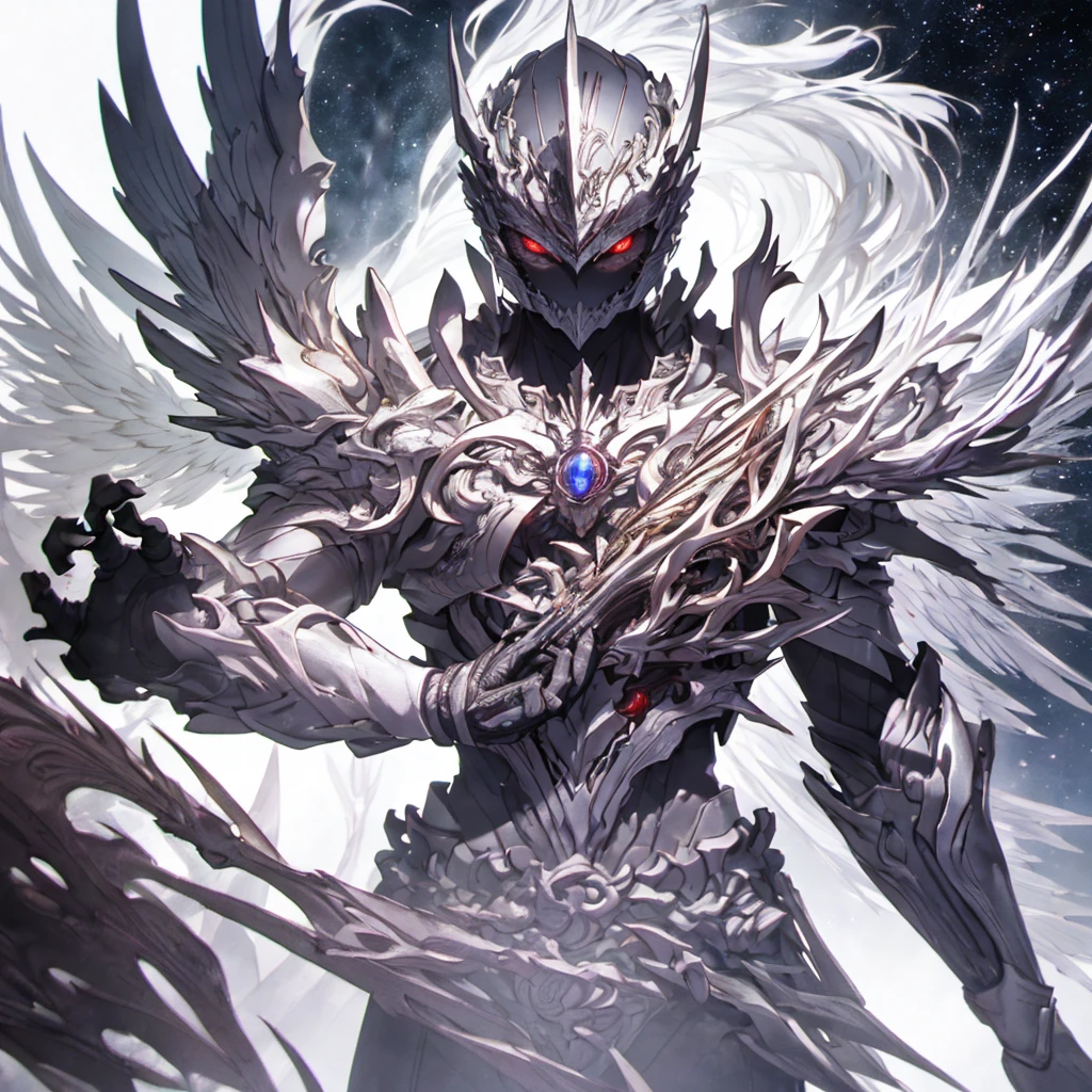 masutepiece, Highly detailed CG unified 8K wallpapers, 8K UHD, Digital SLR, High quality, clean, Best Illumination, God in white armor, one white winged, Glowing eyes, Cinematic, Ultra-high resolution, ultra high detailed, hight resolution, shadowverse style