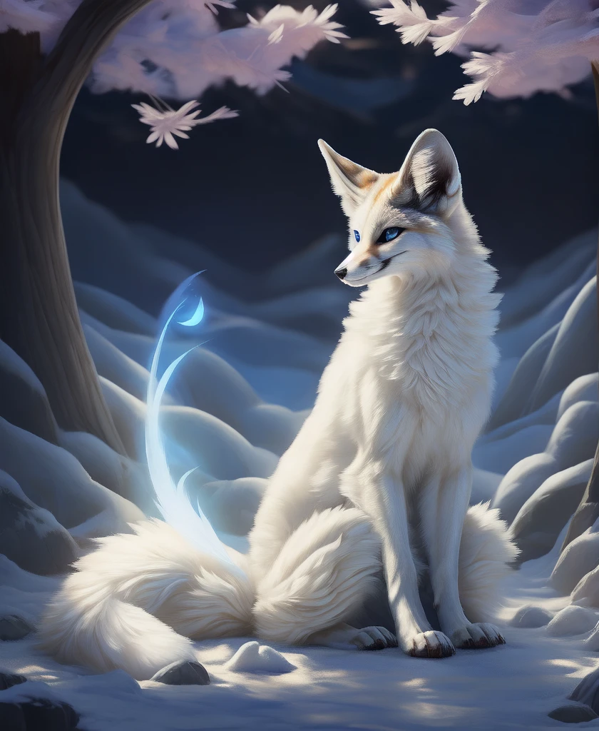 falvie 
asian_mythology east_asian_mythology mythology 
canid canine fox mammal will-o'-the-wisp 
2017 digital_media_(artwork) 
ambiguous_gender blue_eyes detailed_background feral fox_spirit fur kitsunebi multi_tail paws shrine sitting smile solo tail white_body white_fur