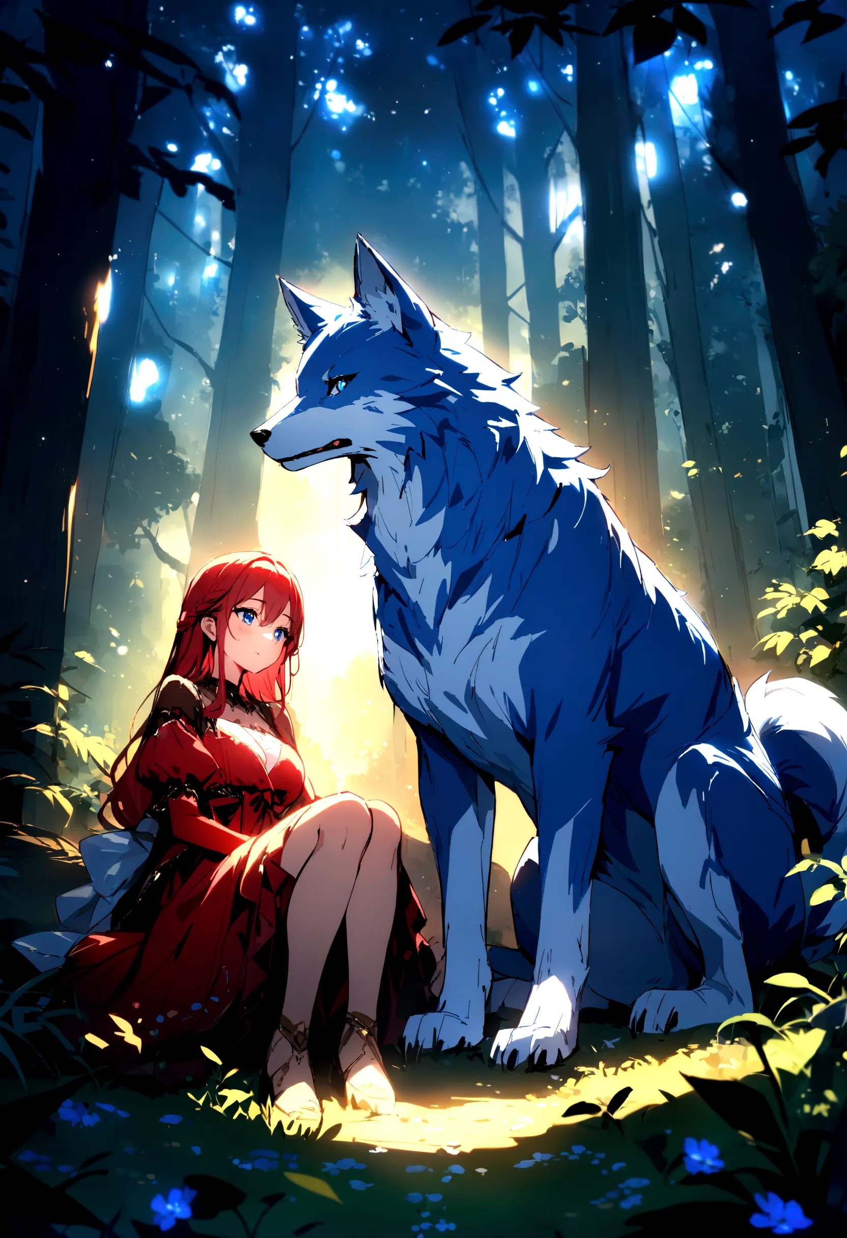 two wolves, red fur, blue fur, bright blue eyes, in the most beautiful enchanted forest, highly, brightly lit, detailed, perfect...