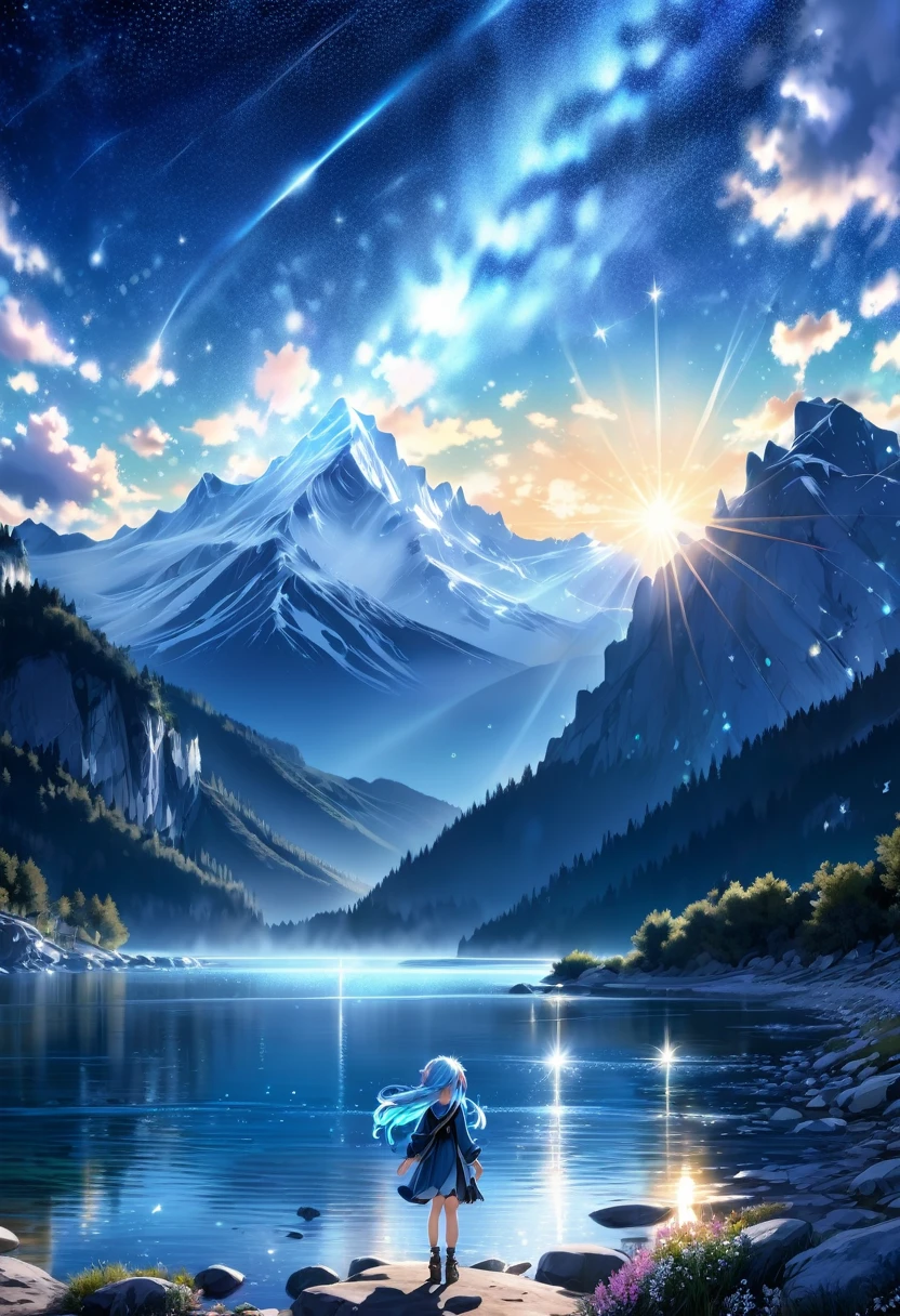 {{{Tabletop}}}, {{Highest quality, Ultra-fine illustrations, Beautiful and delicate water}}, {{Very delicate light}}, {{nature, Painting}}, {{Excellent lighting, A more transparent star, Quality Mountains々々々々々々, Very beautiful 8K PCG wallpaper}}, (plateau), sunrise, Randomly distributed clouds, cliff, ((Rotating starry sky)), ((Lake of the mountain stream)), Beautiful girl with long light blue hair with glitter particles、Twin tails