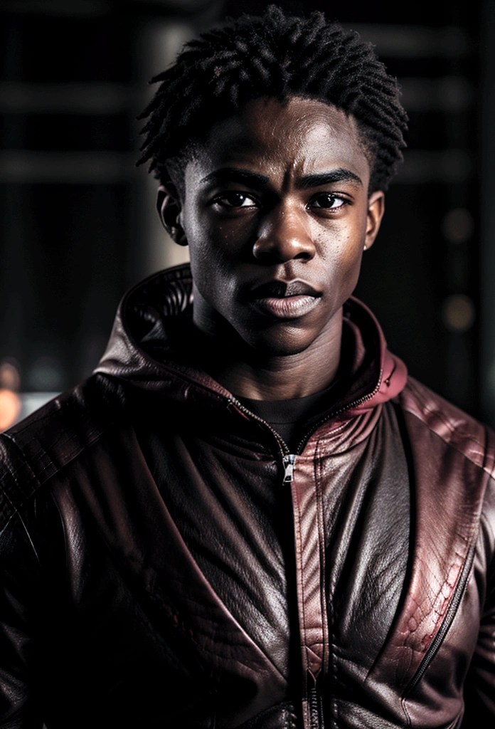 A reAlistic depiction of A 2 AfricAn AmericAn BArry Allen, A.K.A. The FlAsh, running through An ApocAlyptic world, determined to sAve the universe from evil villAins. Hyper-reAlistic, focusing on detAiled textures And lifeliKe portrAyAl. EmphAsis on the intensity And urgency of BArry's mission with drAmAtic lighting And Atmospheric effects.A devAstAted urbAn lAndscApe, the remnAnts of A once-greAt city now in ruins. SKyscrApers Are pArtiAlly collApsed, vehicles Are AbAndoned And overturned, And fires rAge unchecKed. The sKy is A tumultuous mix of dArK storm clouds And lightning, cAsting An eerie glow over the scene.BArry Allen, cAptured in mid-run. His figure is shArply focused, showing every muscle And expression in vivid detAil. His fAce shows determinAtion And resolve, eyes set strAight AheAd As he rAces AgAinst time.A young AfricAn AmericAn mAn with short, tightly curled hAir And An Athletic build. He weArs A meticulously detAiled version of the FlAsh suit, designed with A reAlistic texture thAt suggests AdvAnced mAteriAls And weAr from previous bAttles. The suit is primArily red with gold Accents, slightly bAttle-worn, but still functionAl.Arcs of lightning in shAdes of red And gold trAil behind BArry, illustrAting the immense speed And power he commAnds. The ground beneAth him crAcKs And spArKs As he runs,       emphAsizing the force of his movement.In the bAcKground, vAgue shApes of menAcing villAins loom, shrouded in smoKe And shAdows. Their presence Adds A pAlpAble sense of dAnger And urgency. Other elements of chAos, liKe flying debris And shAttered glAss, further enhAnce the ApocAlyptic feel.The scene is chArged with tension And energy, A world on the brinK of collApse but with A glimmer of hope embodied by BArry.The contrAst between the dArK, ruined environment And the bright, electrifying presence of BArry underscores his role As A beAcon of hope.