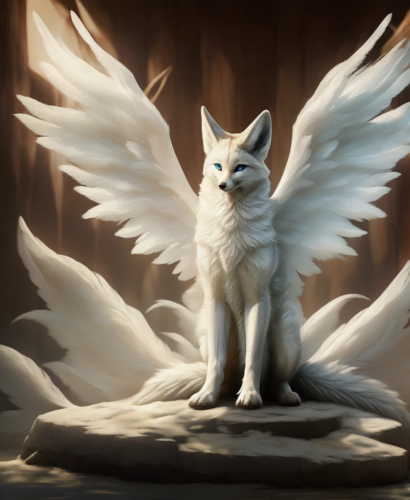 falvie 
asian_mythology east_asian_mythology mythology 
canid canine fox mammal will-o'-the-wisp 
2017 digital_media_(artwork) 
ambiguous_gender blue_eyes detailed_background feral fox_spirit fur kitsunebi multi_tail paws shrine sitting smile solo tail white_body white_fur, white angel wings, cute