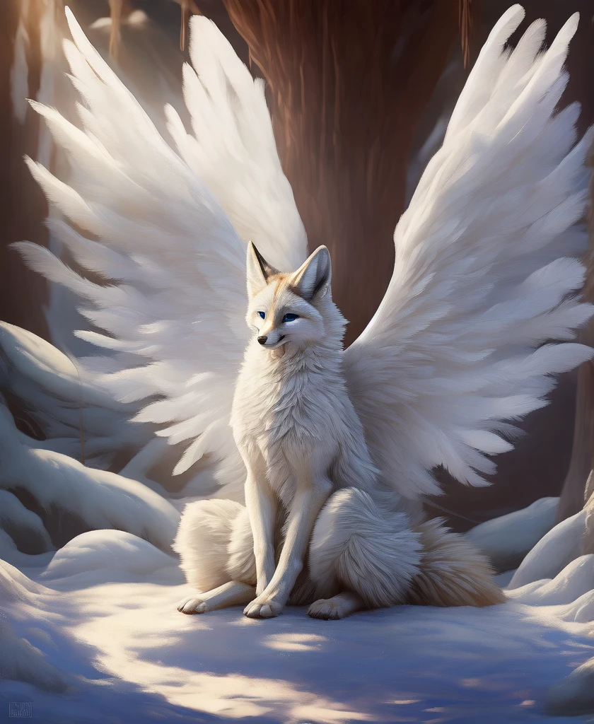 falvie 
asian_mythology east_asian_mythology mythology 
canid canine fox mammal will-o'-the-wisp 
2017 digital_media_(artwork) 
ambiguous_gender blue_eyes detailed_background feral fox_spirit fur kitsunebi multi_tail paws shrine sitting smile solo tail white_body white_fur, white angel wings, cute