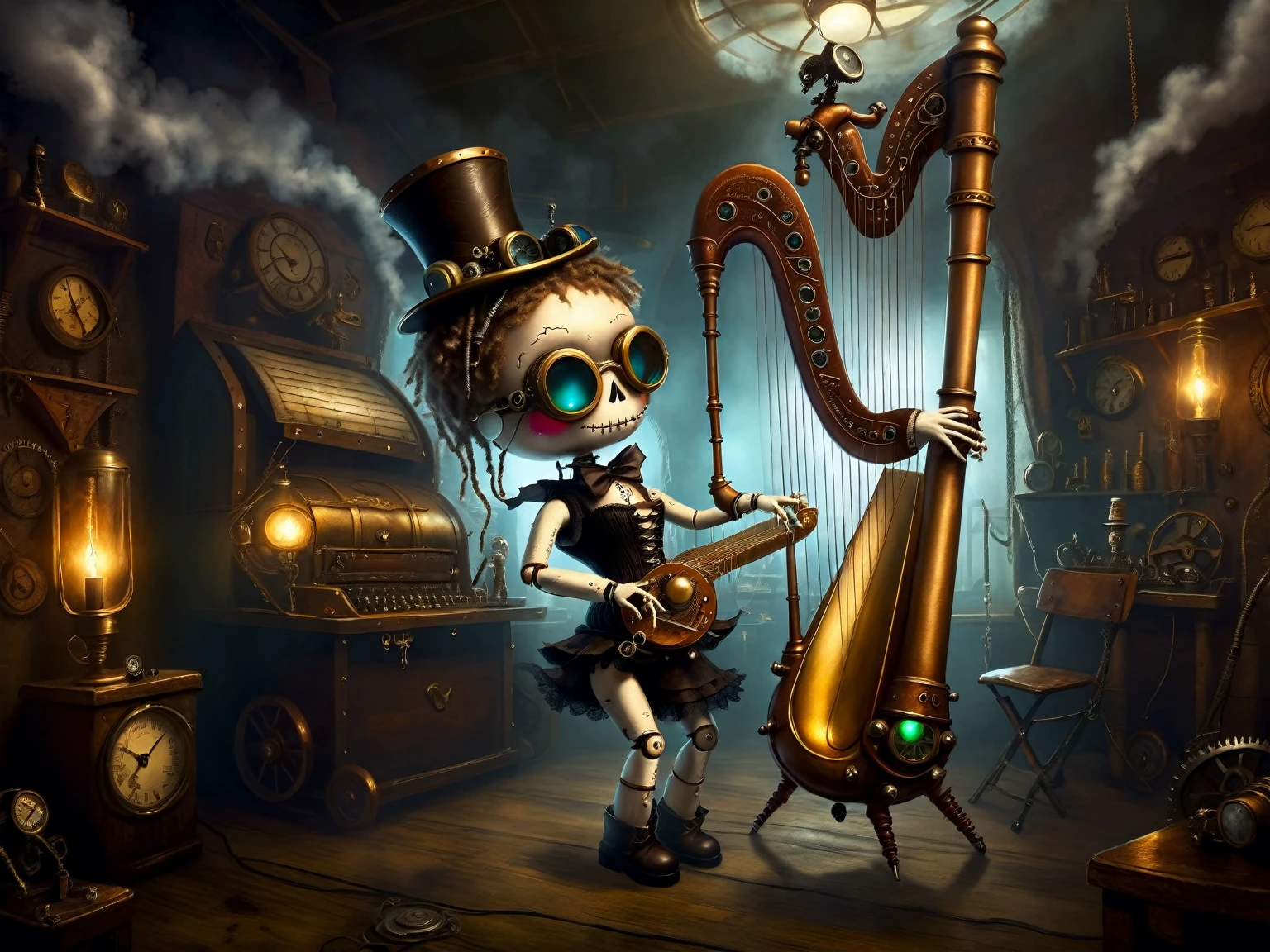 (voodoo doll playing knitted harp:1.2), (Voodoo Steampunk:1.3), (badass clothing: leather corset, aviator glasses, Gears and mechanical parts:1.0), (in the background steam engines, airships and Victorian buildings:1.2), best qualityer, work of art, detailed soft oil painting, detailed back ground, dramatic cinematic lighting, soft edge lighting, proffesional, dramatic lighting, hard edge lighting, ultra quality, 4K, work of art, best qualityer, 8K, ultra high definition, high resolution, extremely detaild, perfect details of the harp.