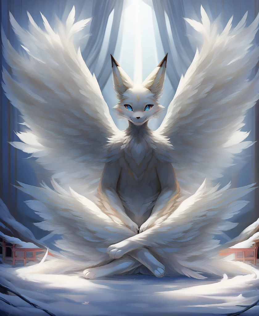 falvie 
asian_mythology east_asian_mythology mythology 
canid canine fox mammal will-o'-the-wisp 
2017 digital_media_(artwork) 
ambiguous_gender blue_eyes detailed_background feral fox_spirit fur kitsunebi multi_tail paws shrine sitting smile solo tail white_body white_fur, white angel wings, cute