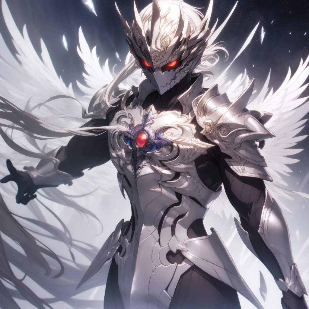 masutepiece, Highly detailed CG unified 8K wallpapers, 8K UHD, Digital SLR, High quality, clean, Best Illumination, God in white armor, one white winged, Glowing eyes, Cinematic, Ultra-high resolution, ultra high detailed, hight resolution, shadowverse style